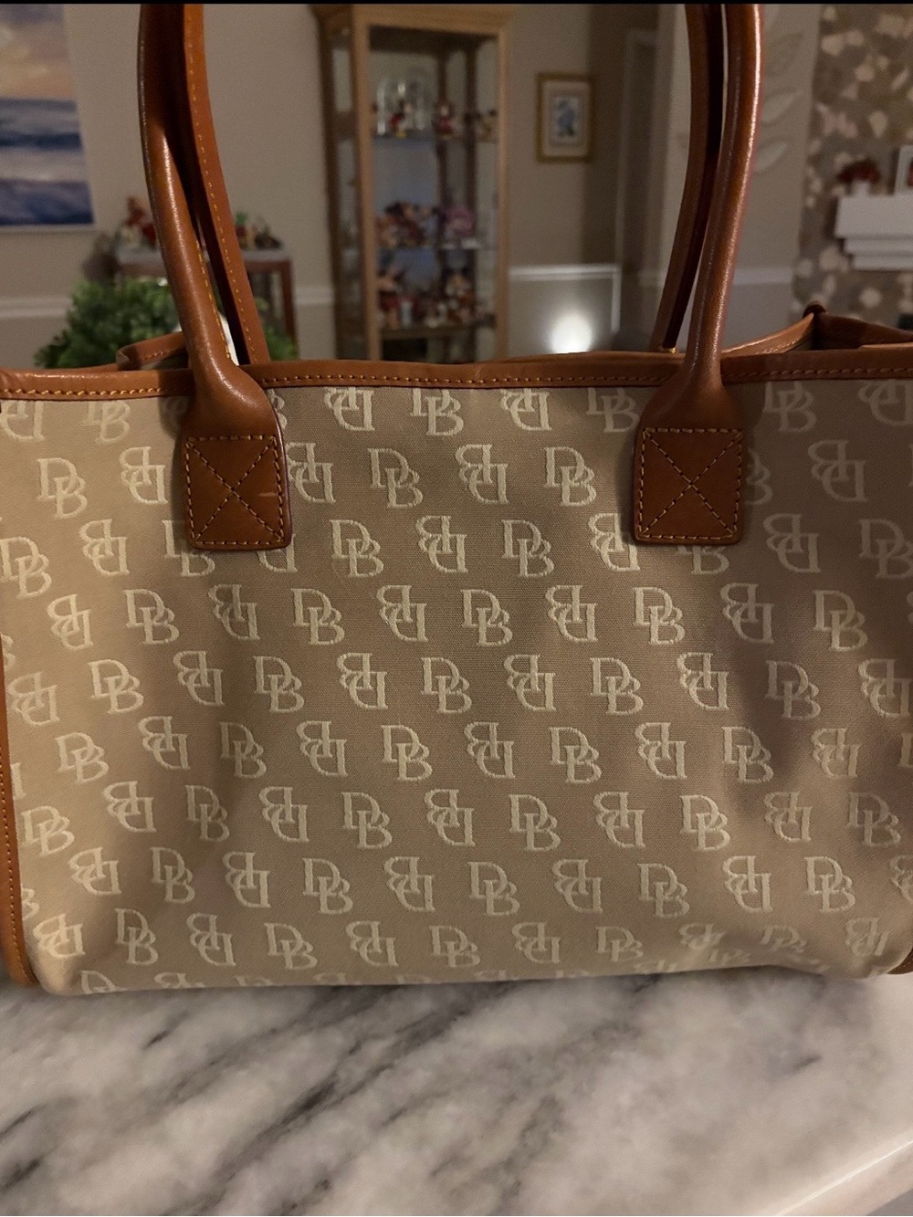 Dooney & Bourke Beige Monogram Tote with Tan Trim